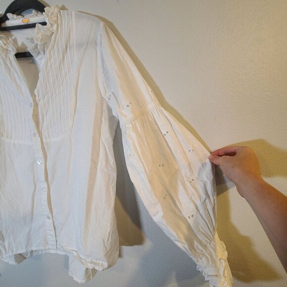 Free People Button Down Ruffle And Eyelet Ballon Sleeve Blouse White Medium - Picture 8 of 12